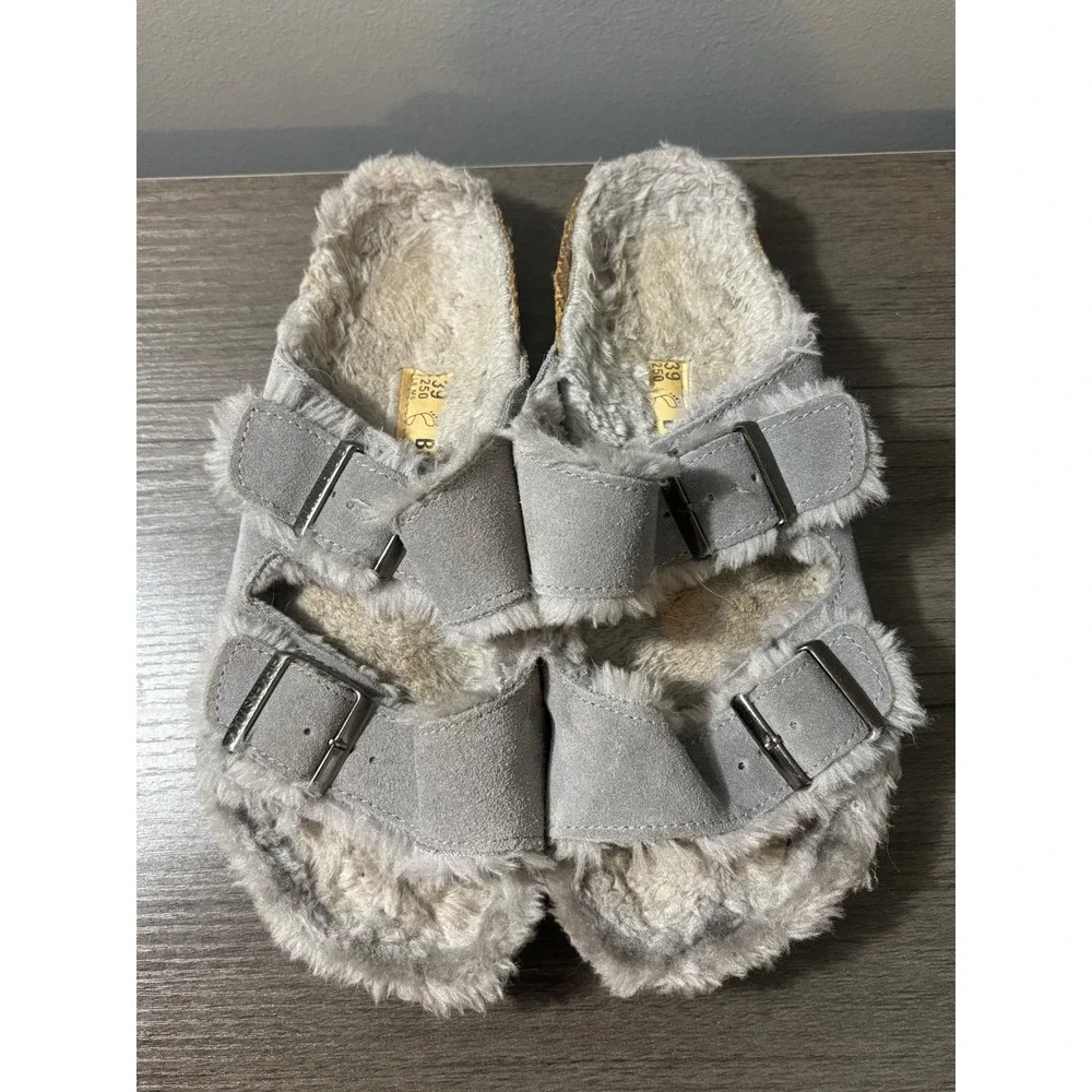 Birkenstock Arizona Shearling Suede Sandals in Gray‎ Women's Size 8 (39)